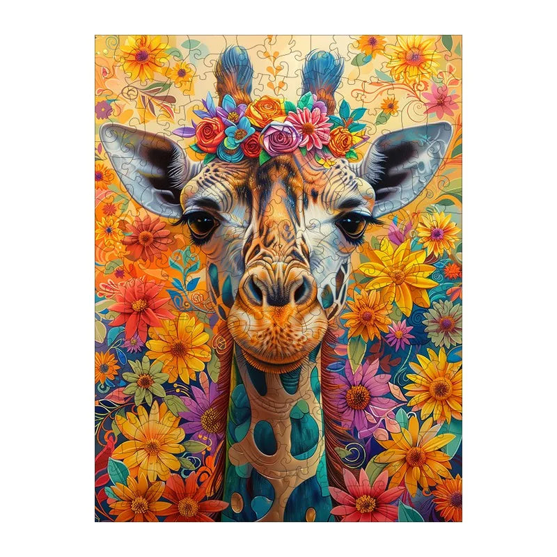 Flower Crown Giraffe round wooden puzzle
