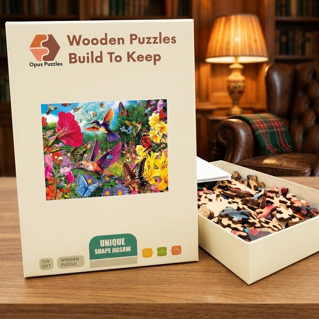 Hummingbird Flower Patch Wooden Puzzle – packaged wooden puzzle gift box