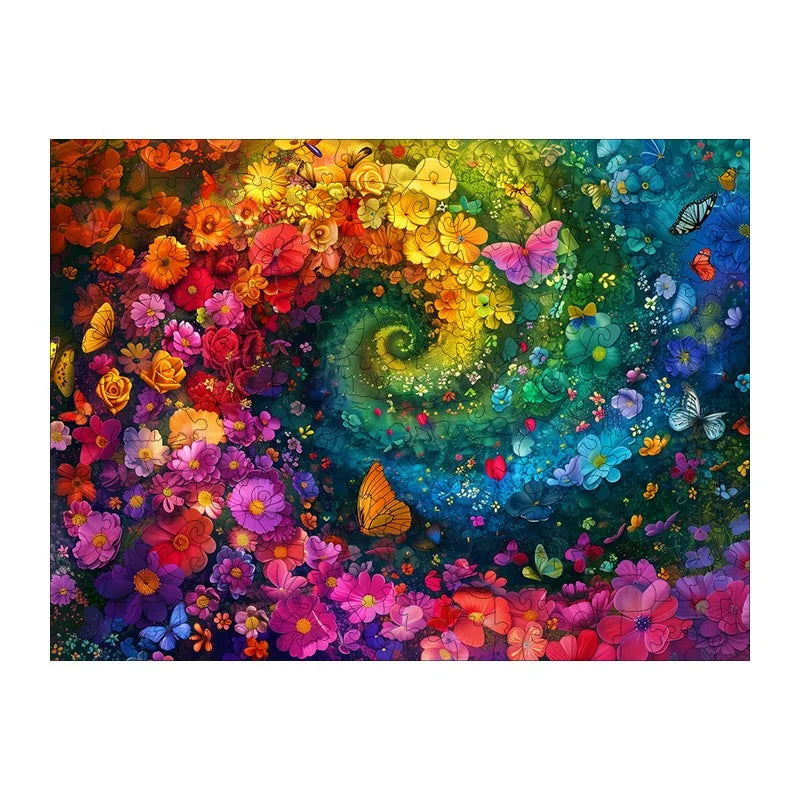 Rainbow Flower Swirl round wooden puzzle