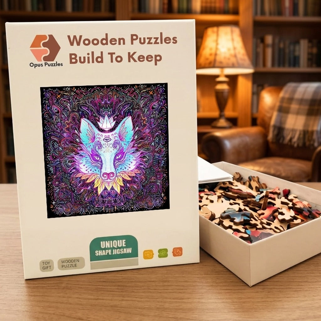 Neon Fox Spirit Wooden Puzzle – packaged wooden puzzle gift box