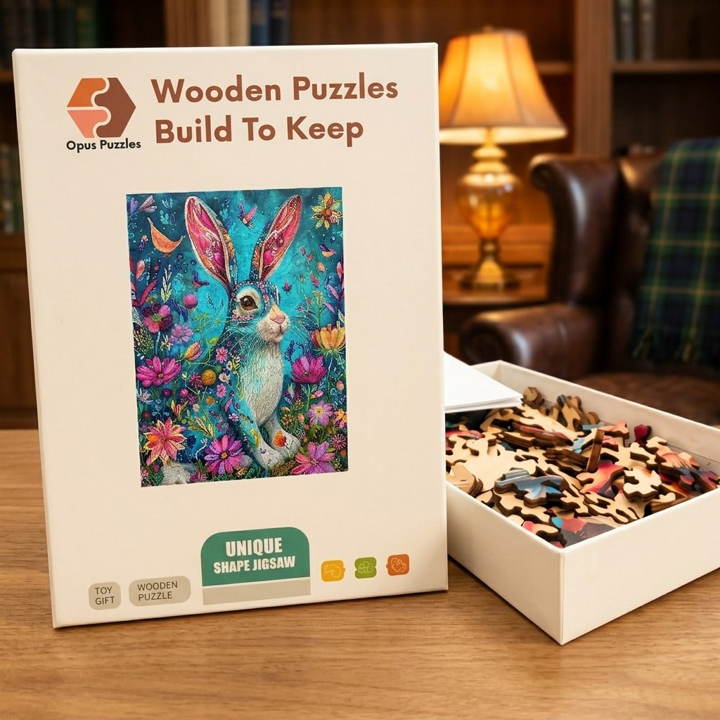 Folk Rabbit Bloom Wooden Puzzle – packaged wooden puzzle gift box