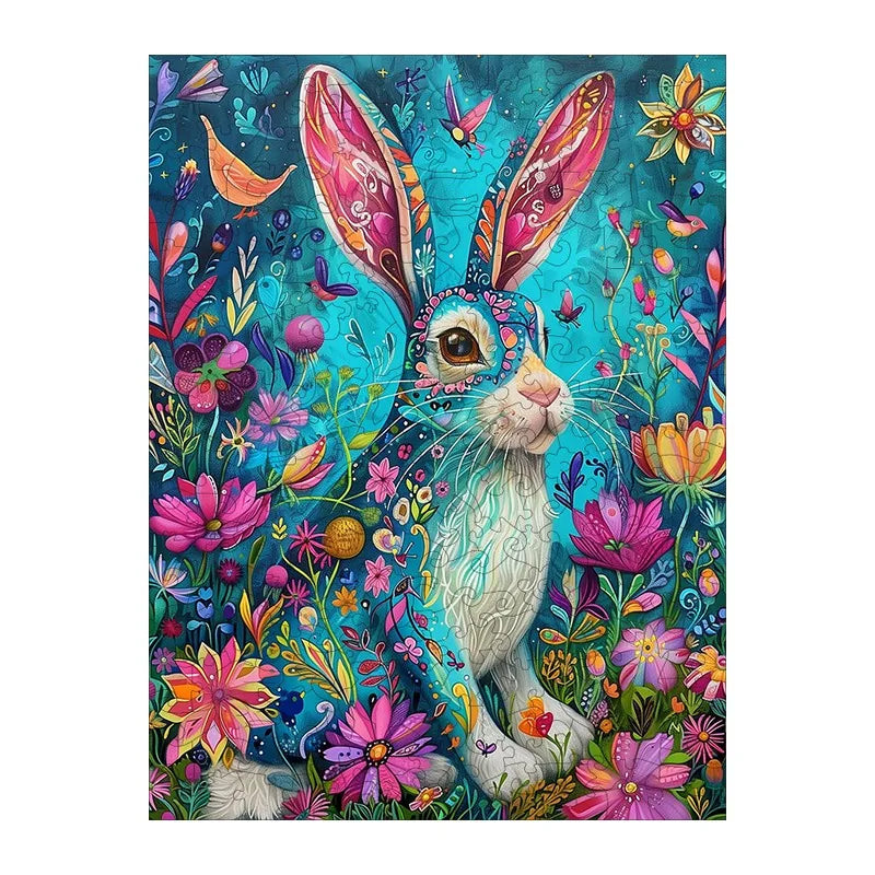 Folk Rabbit Bloom round wooden puzzle