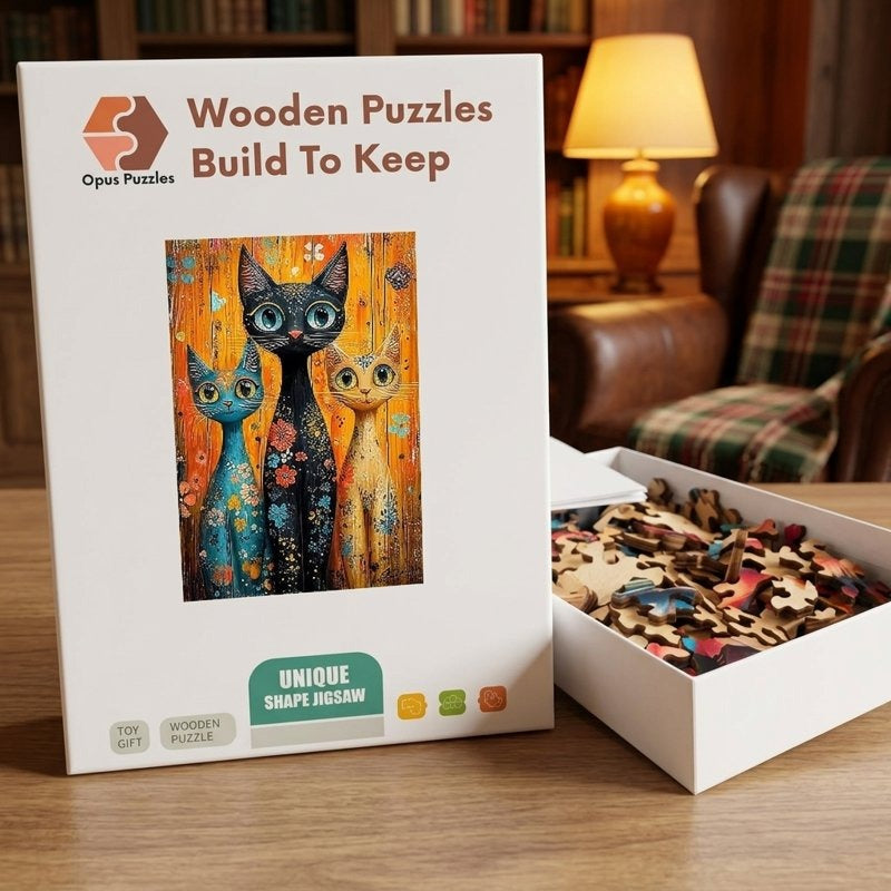 Three Folk Cats Wooden Puzzle – packaged wooden puzzle gift box
