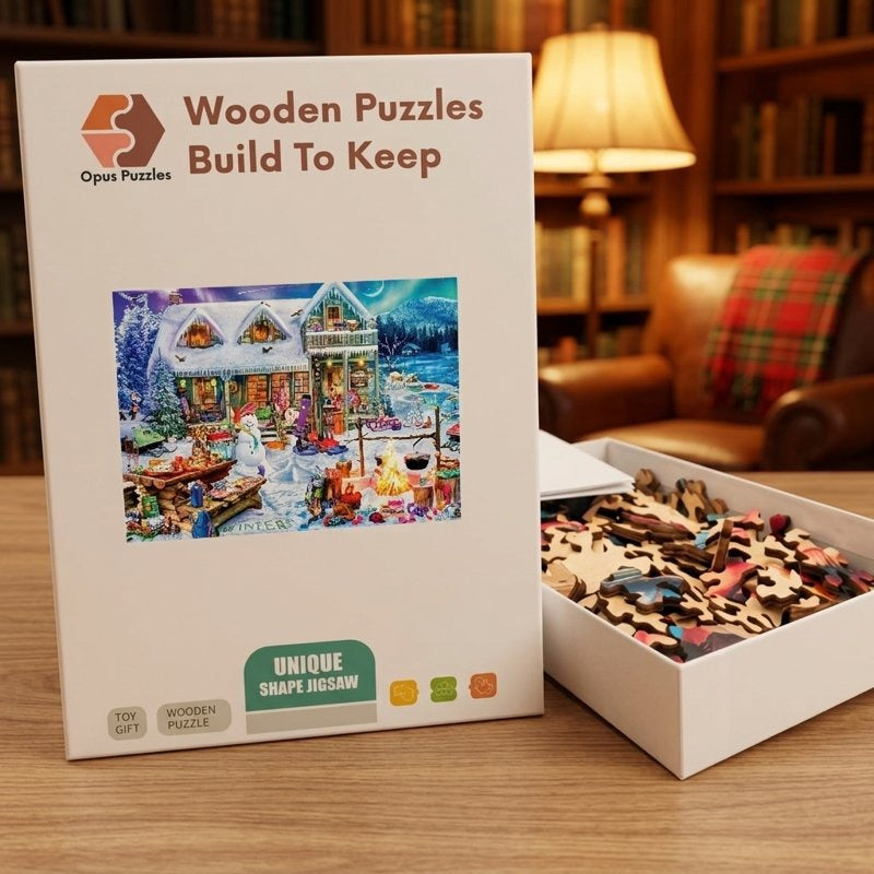 Winter Cabin Bonfire Wooden Puzzle – packaged wooden puzzle gift box