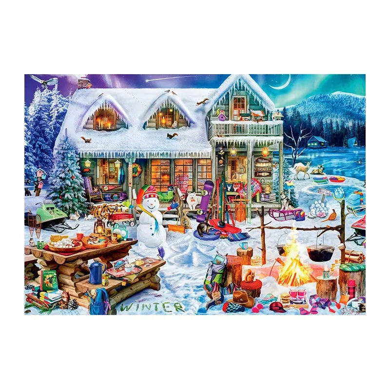 Winter Cabin Bonfire round wooden puzzle
