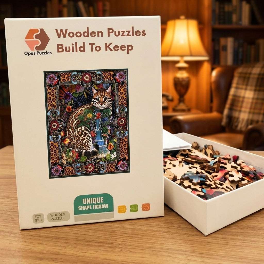 Ocelot Folk Tapestry Wooden Puzzle – packaged wooden puzzle gift box