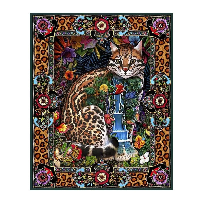 Ocelot Folk Tapestry round wooden puzzle
