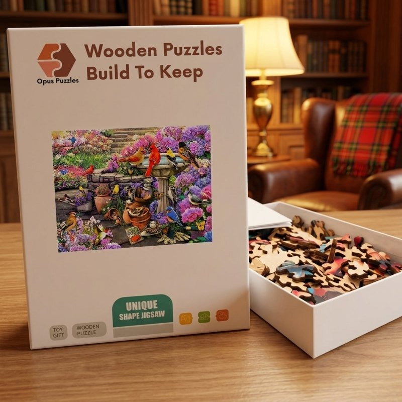Garden Birdbath Gathering Wooden Puzzle – packaged wooden puzzle gift box