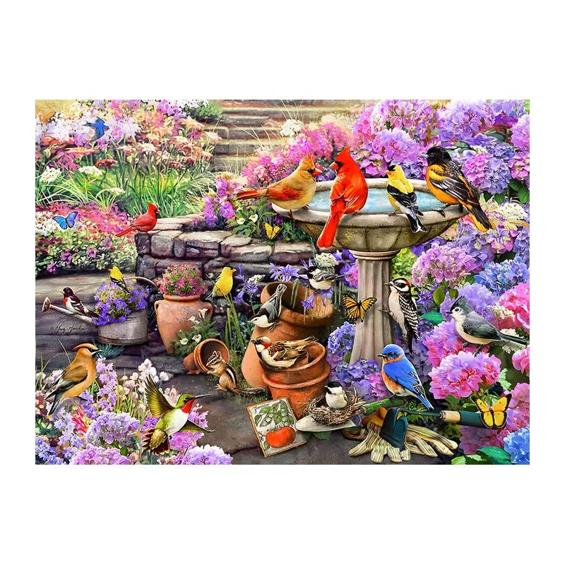 Garden Birdbath Gathering round wooden puzzle