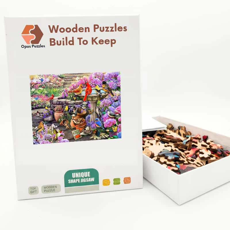 Garden Birdbath Gathering Wooden Puzzle – packaged wooden puzzle gift box