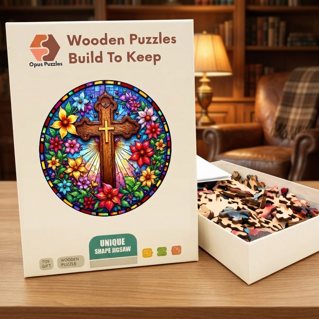 Stained-Glass Cross Wooden Puzzle – packaged wooden puzzle gift box
