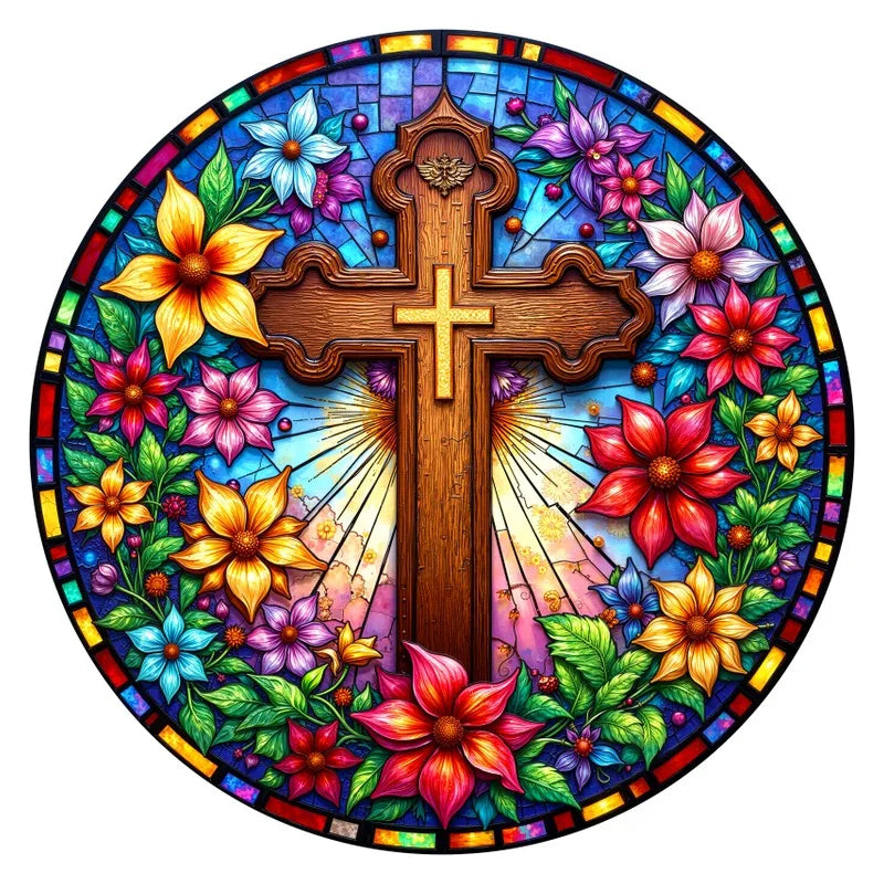 Stained-Glass Cross round wooden puzzle