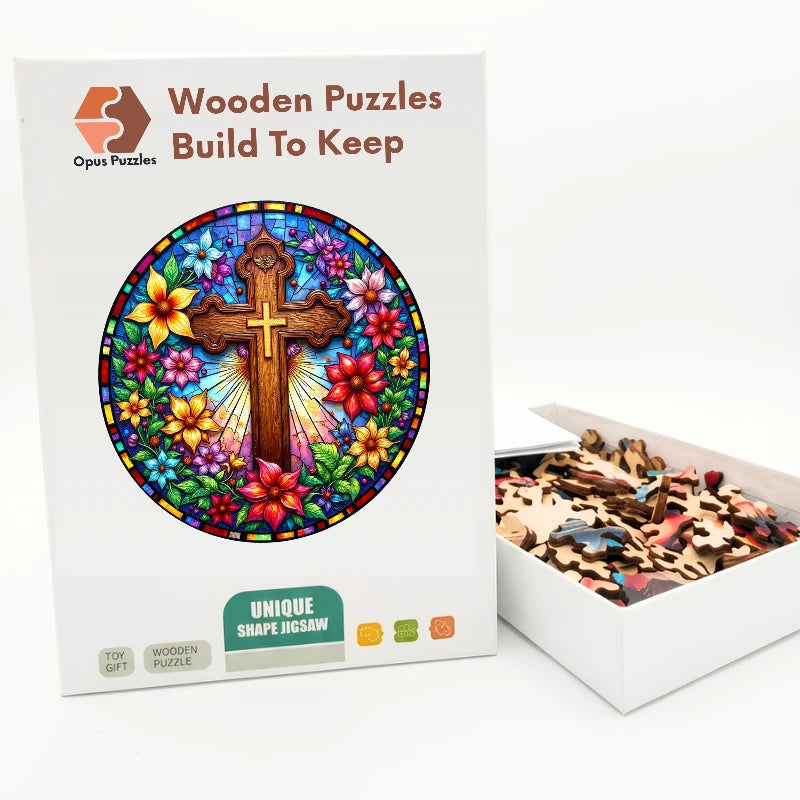 Stained-Glass Cross Wooden Puzzle – packaged wooden puzzle gift box