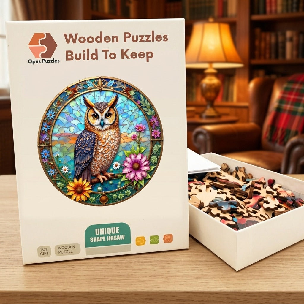 Stained Glass Owl Wooden Puzzle – packaged wooden puzzle gift box