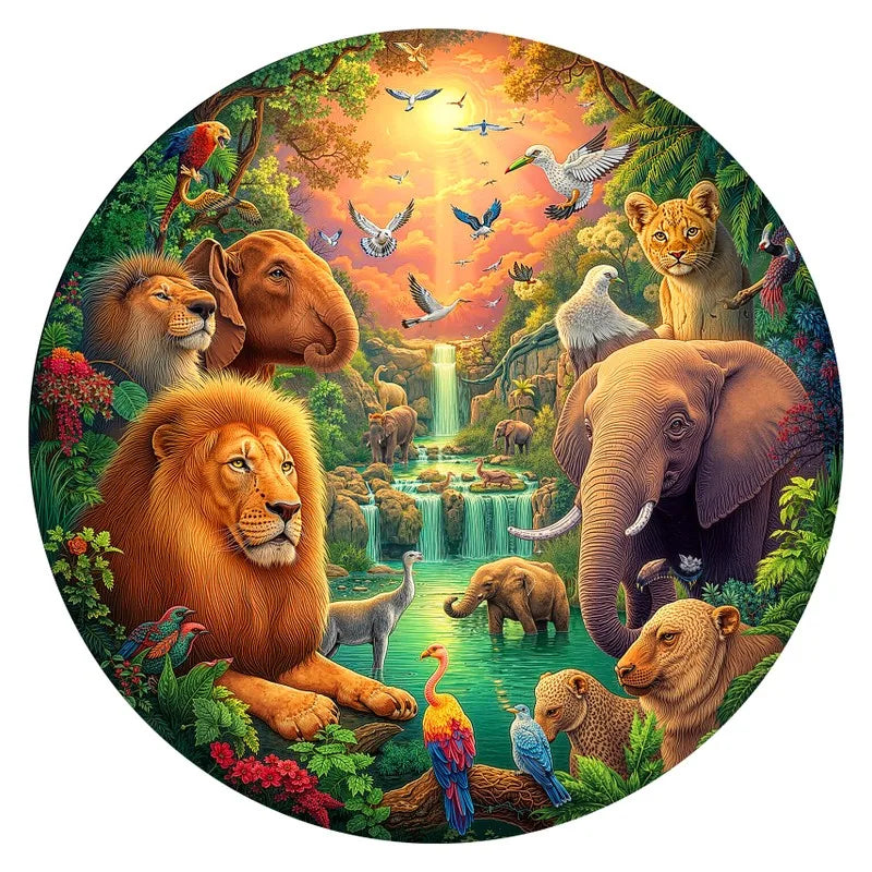 Jungle Watering Hole round wooden puzzle