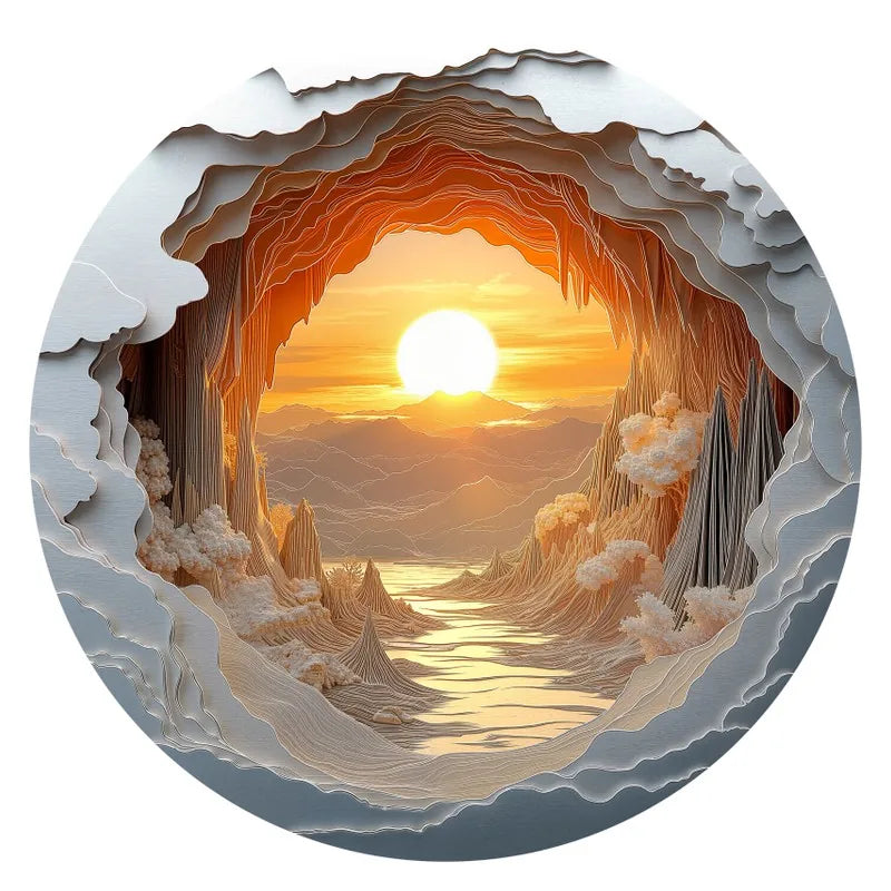 Snow Cave Sunset round wooden puzzle