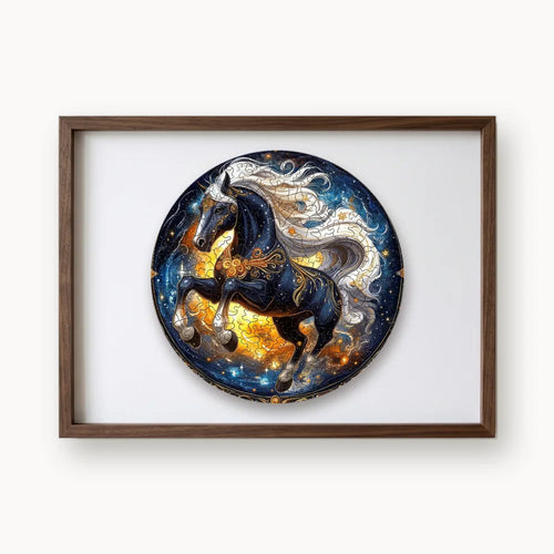 Cosmic Stallion, a round whimsy-cut wooden puzzle shown framed as wall art