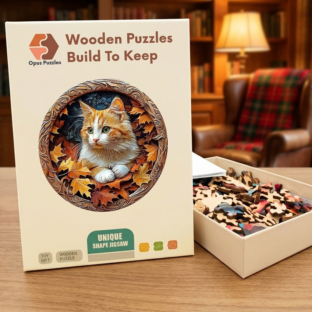 Autumn Cat Wooden Puzzle – packaged wooden puzzle gift box