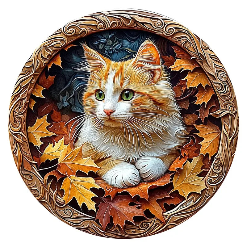 Autumn Cat round wooden puzzle