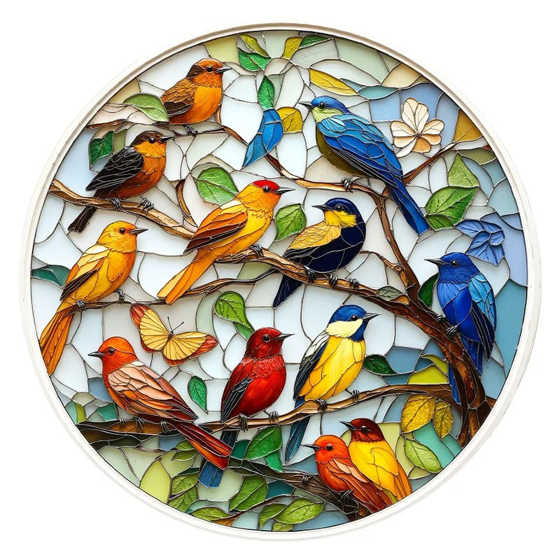 Stained-Glass Songbirds round wooden puzzle