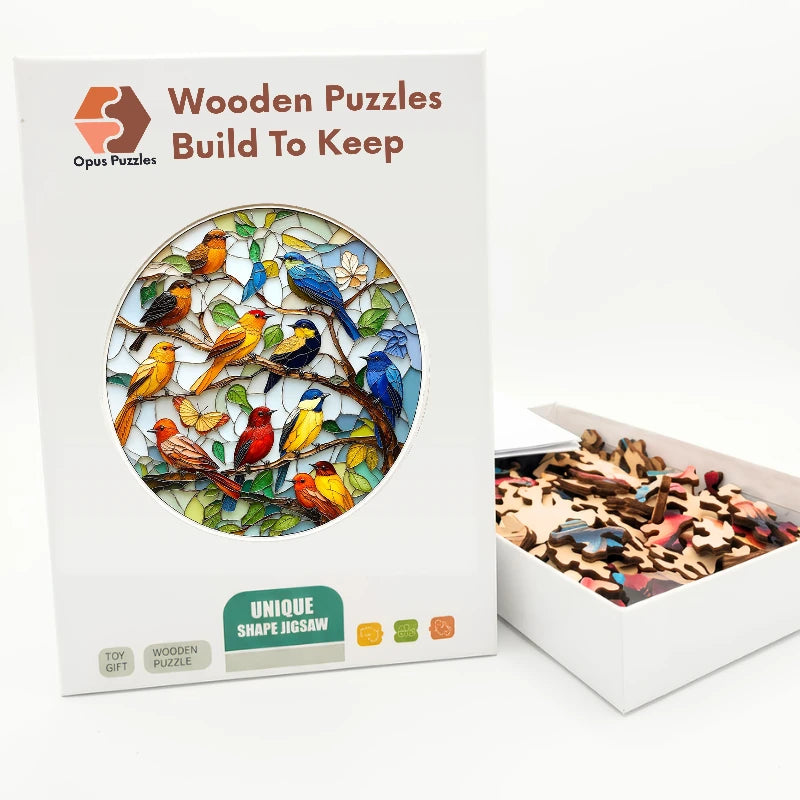Stained-Glass Songbirds Wooden Puzzle – packaged wooden puzzle gift box