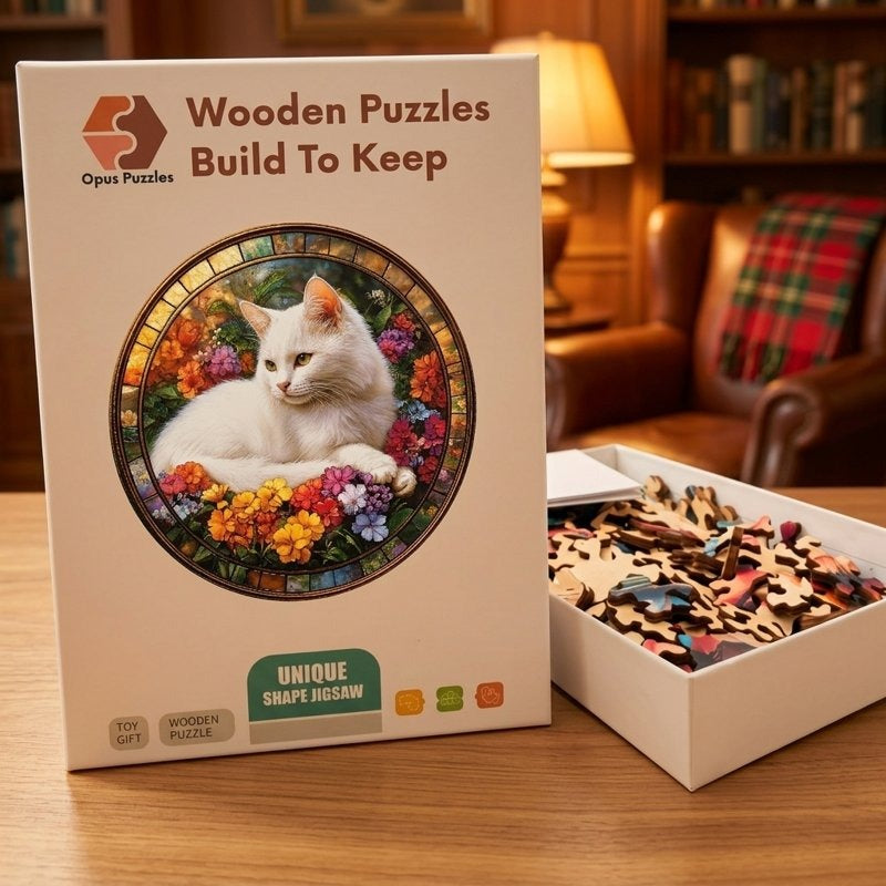 White Cat In Bloom Wooden Puzzle – packaged wooden puzzle gift box