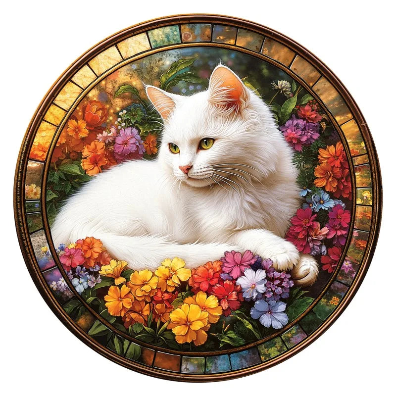 White Cat In Bloom round wooden puzzle