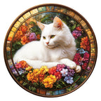 White Cat In Bloom round wooden puzzle
