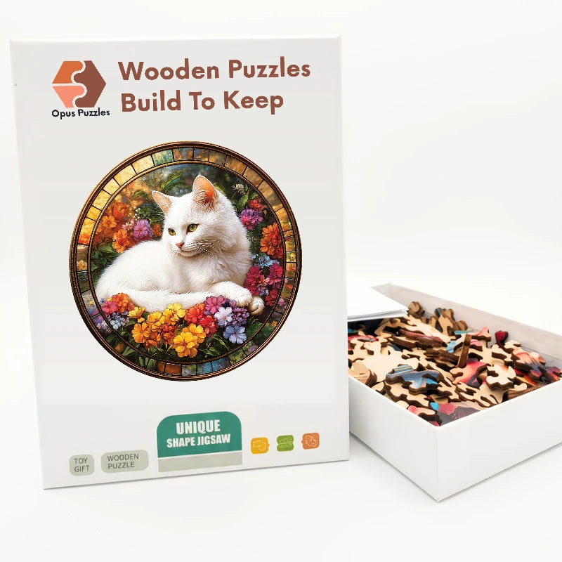 White Cat In Bloom Wooden Puzzle – packaged wooden puzzle gift box