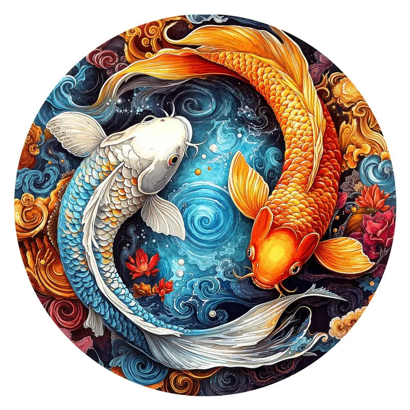 Koi Yin Yang round wooden puzzle