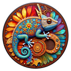 Folk Gecko Mandala round wooden puzzle