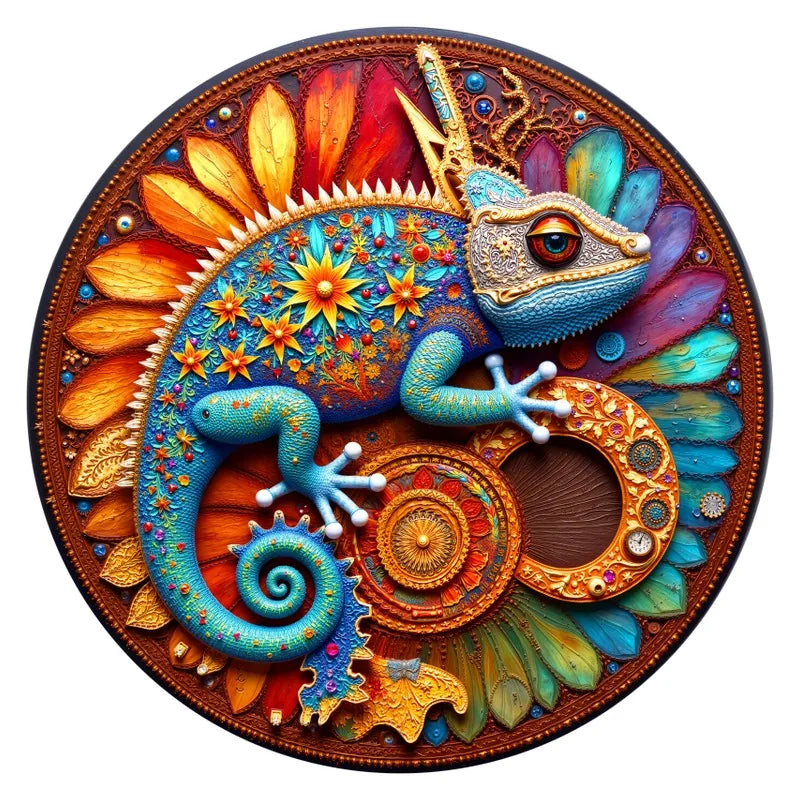 Folk Gecko Mandala round wooden puzzle