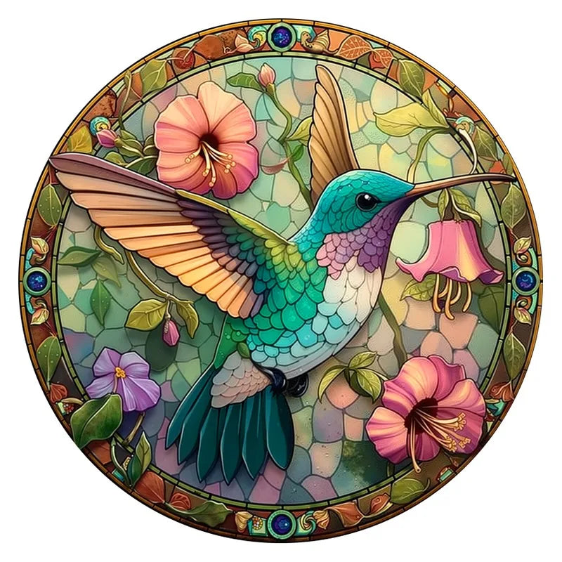 Hummingbird Glow round wooden puzzle