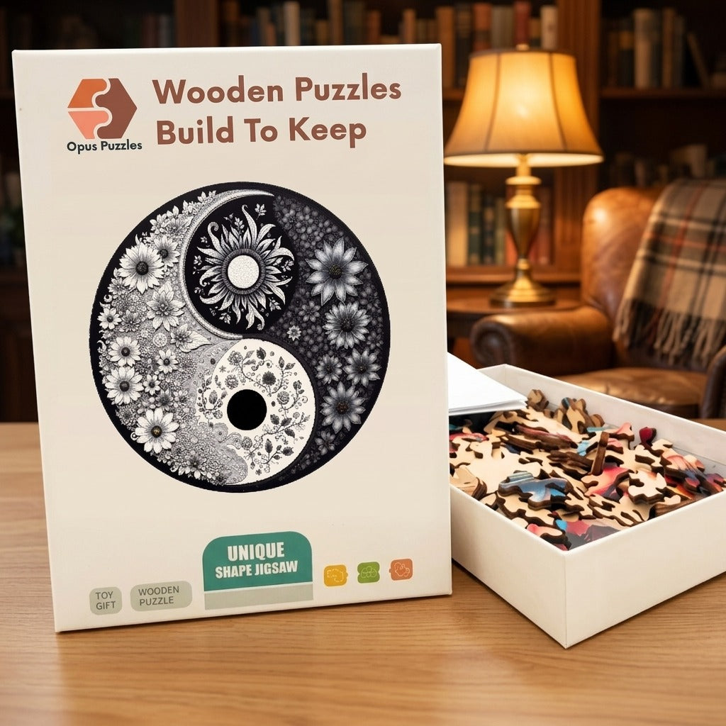 Black And White Yin Yang Floral Wooden Puzzle – packaged wooden puzzle gift box