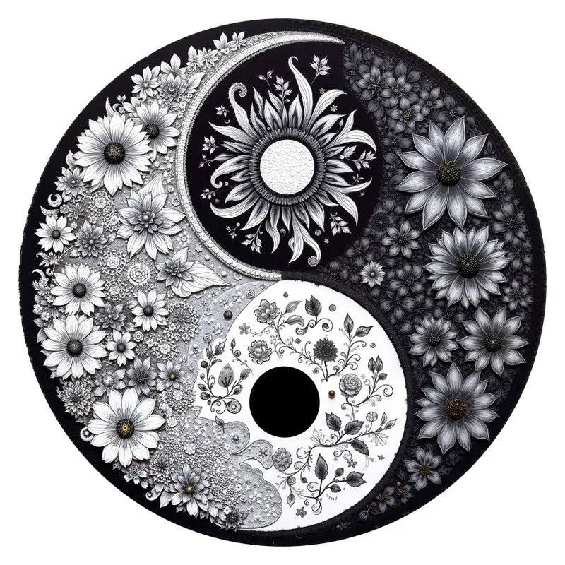 Black And White Yin Yang Floral round wooden puzzle