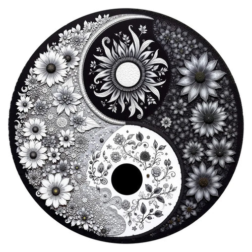 Black And White Yin Yang Floral round wooden puzzle