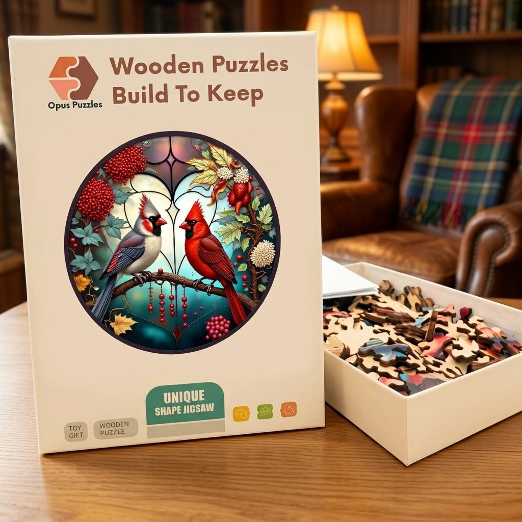 Winter Cardinals Wooden Puzzle – packaged wooden puzzle gift box