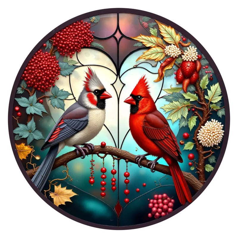 Winter Cardinals round wooden puzzle