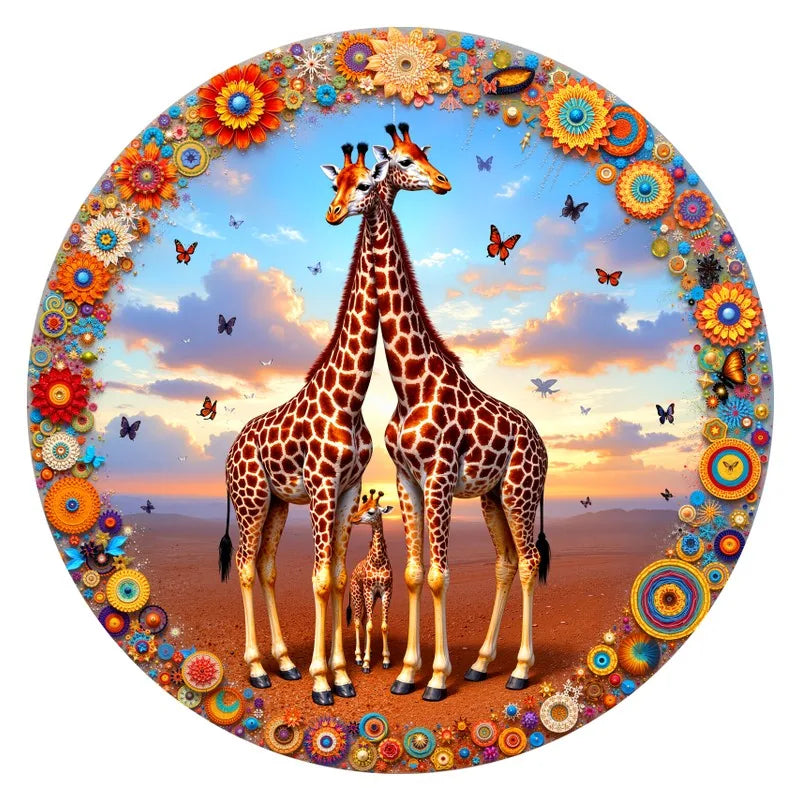 Savanna Giraffes round wooden puzzle