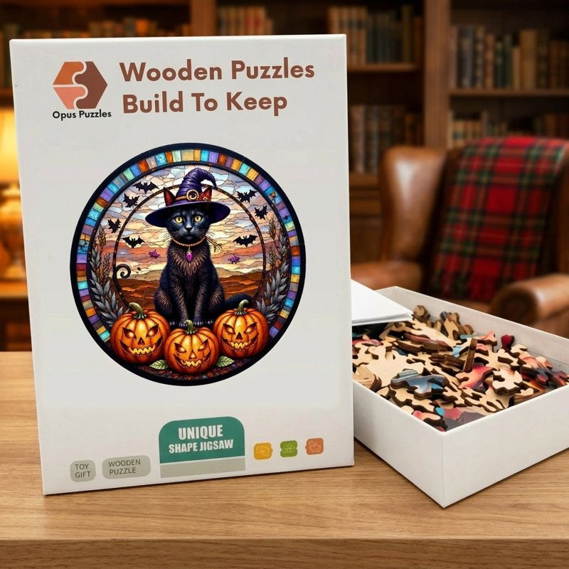 Witchy Black Cat Wooden Puzzle – packaged wooden puzzle gift box