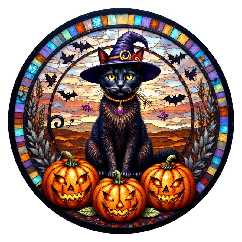Witchy Black Cat round wooden puzzle