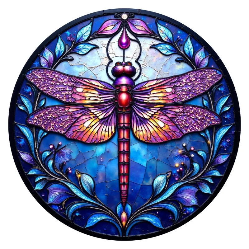 Stained Glass Dragonfly round wooden puzzle