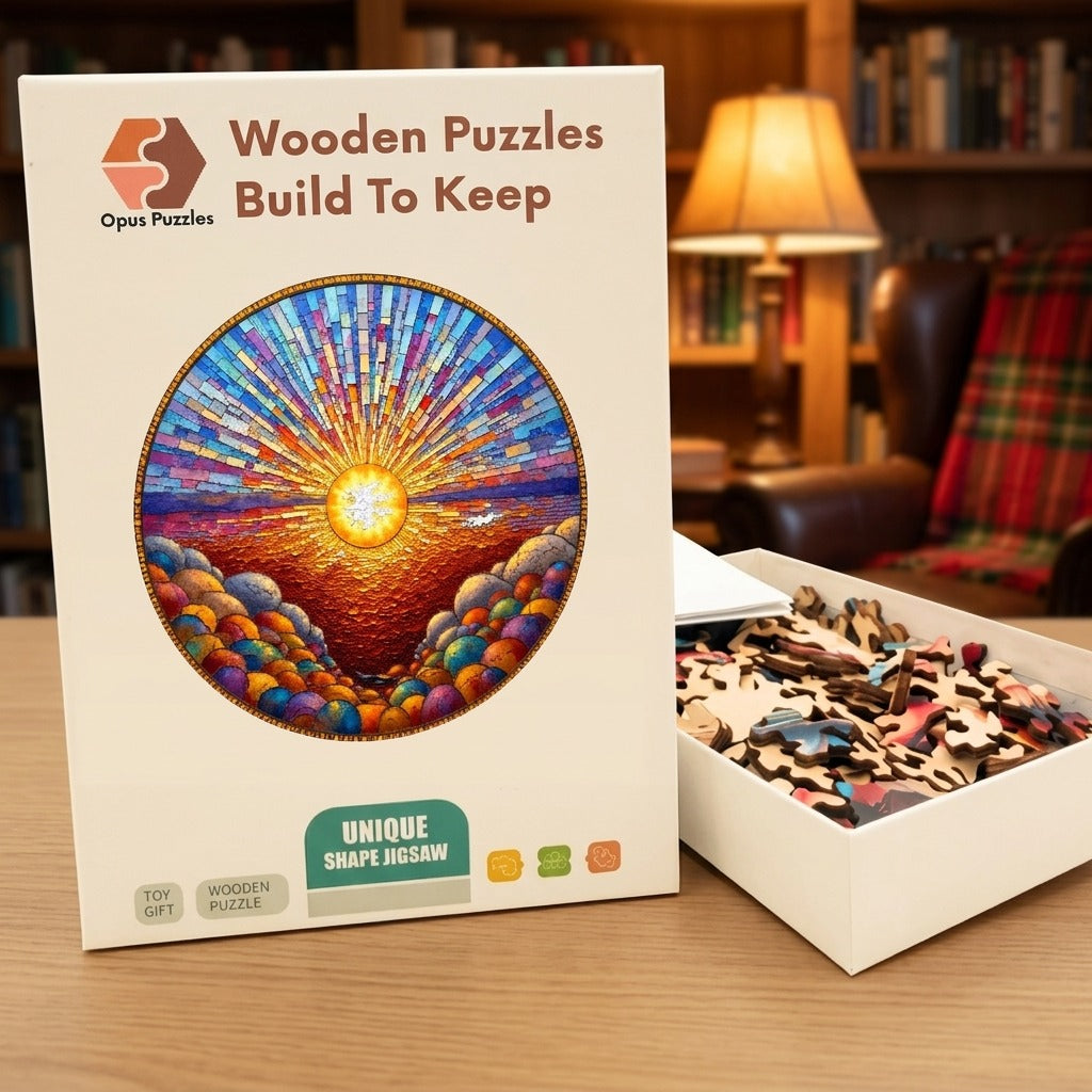 Mosaic Sunrise Wooden Puzzle – packaged wooden puzzle gift box