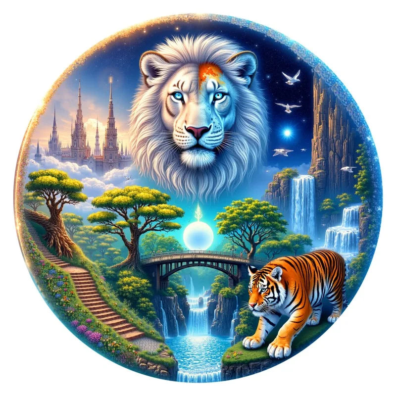 Lion And Tiger Realm round wooden puzzle