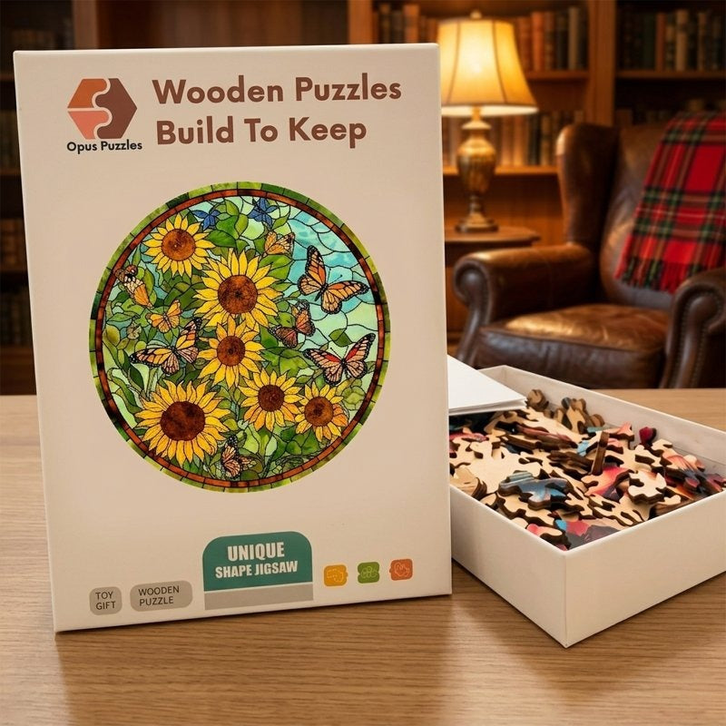 Sunflower Stained Glass Wooden Puzzle – packaged wooden puzzle gift box