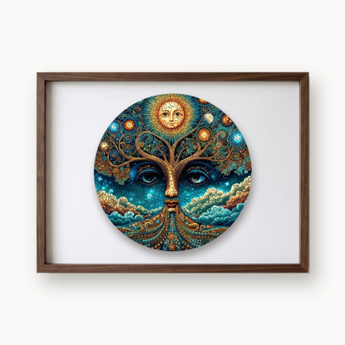 Cosmic Sun Mandala, a round whimsy-cut wooden puzzle shown framed as wall art