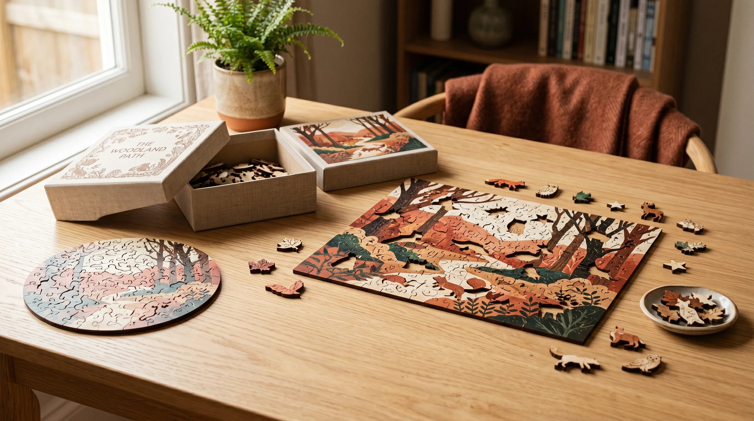 Handcrafted wooden jigsaw puzzles on a sunlit wooden table